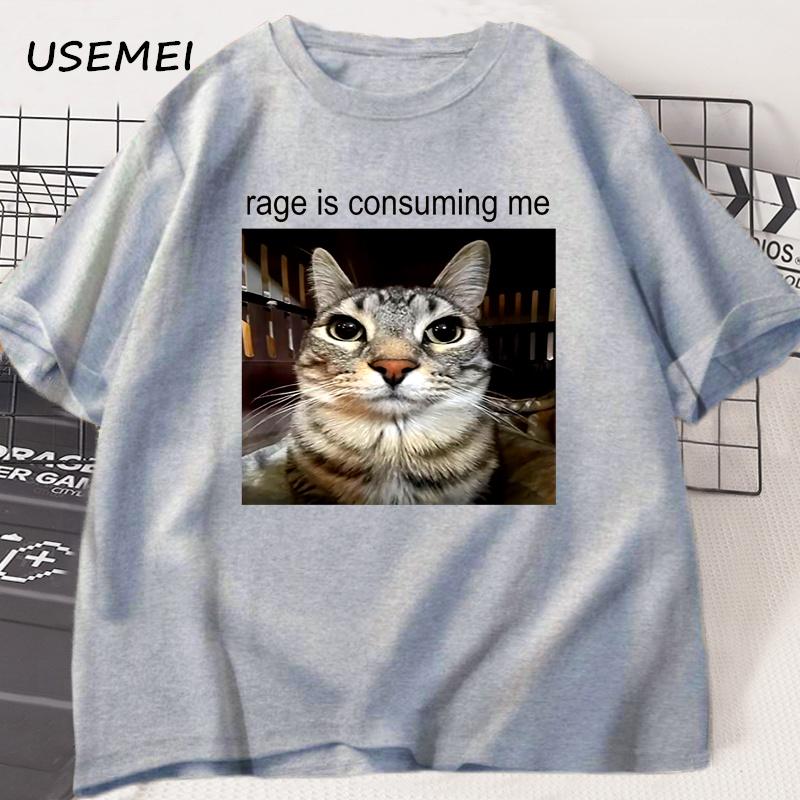 Rage Is Consuming Me Silly Staring Cat Meme Tee Shirt Casual Cotton Short Sleeve Tshirts Unisex Unisex Cat Lover T Shirt Oversized