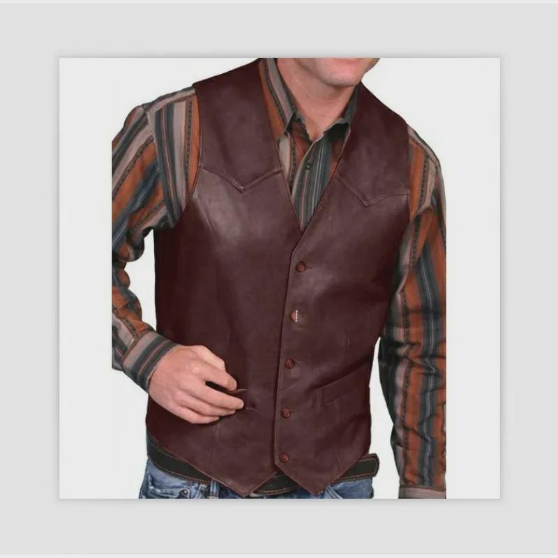 2023 Men's Retro European & American Single-Breasted Leather Vest Jacket