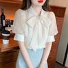 Navava Women Lovely Ribbon Neck Puff Short Sleeve Blouse Nb2700