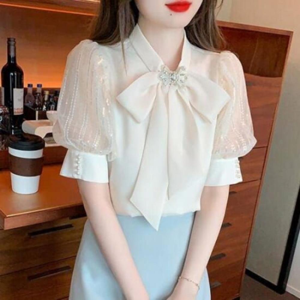 Navava Women Lovely Ribbon Neck Puff Short Sleeve Blouse Nb2700
