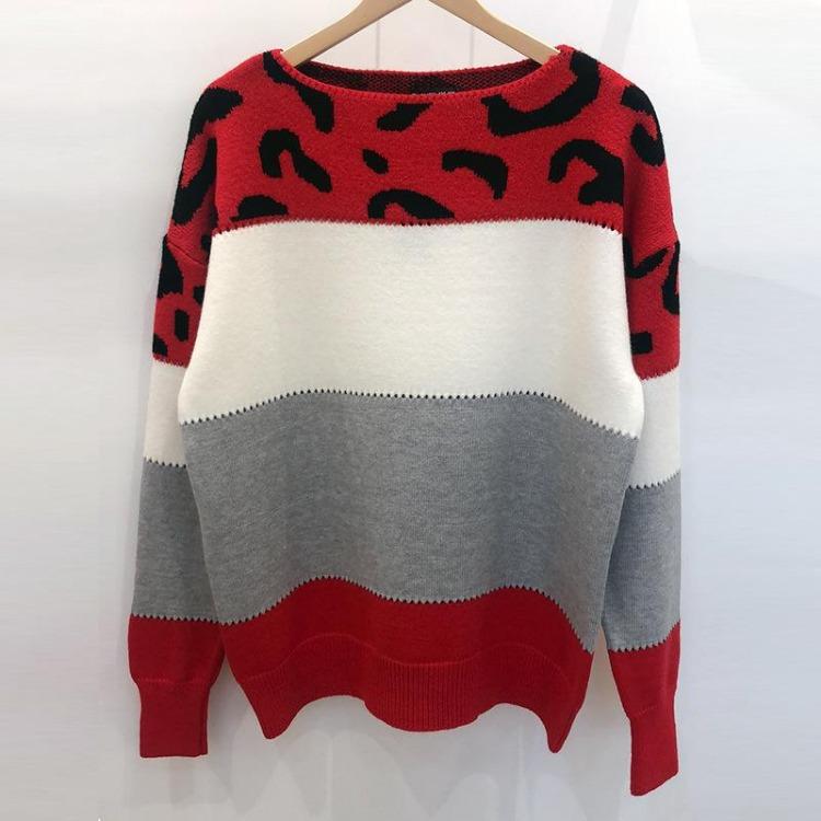 Women's Casual Round Neck Leopard Print Knitted Sweater Long Sleeved Pullover Warm Autumn Winter Fashion