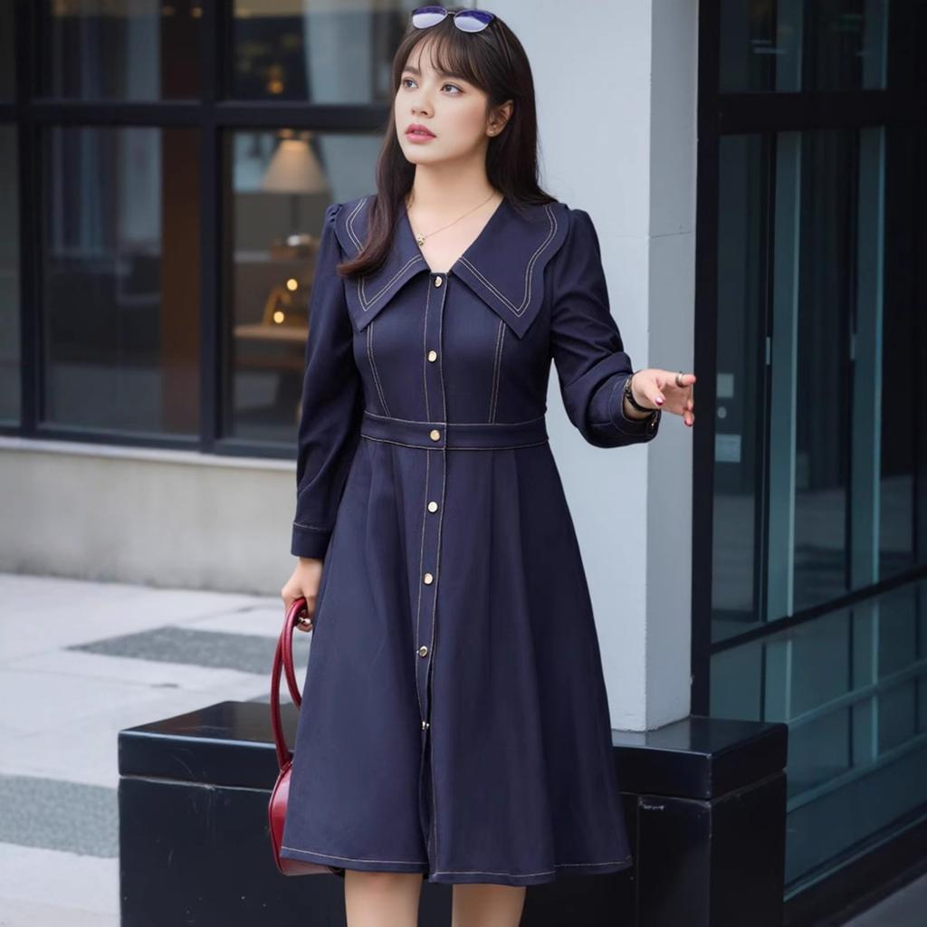 Women's Sailor Collar Long Sleeve A-Line Midi Dress Button Commute Style Retro