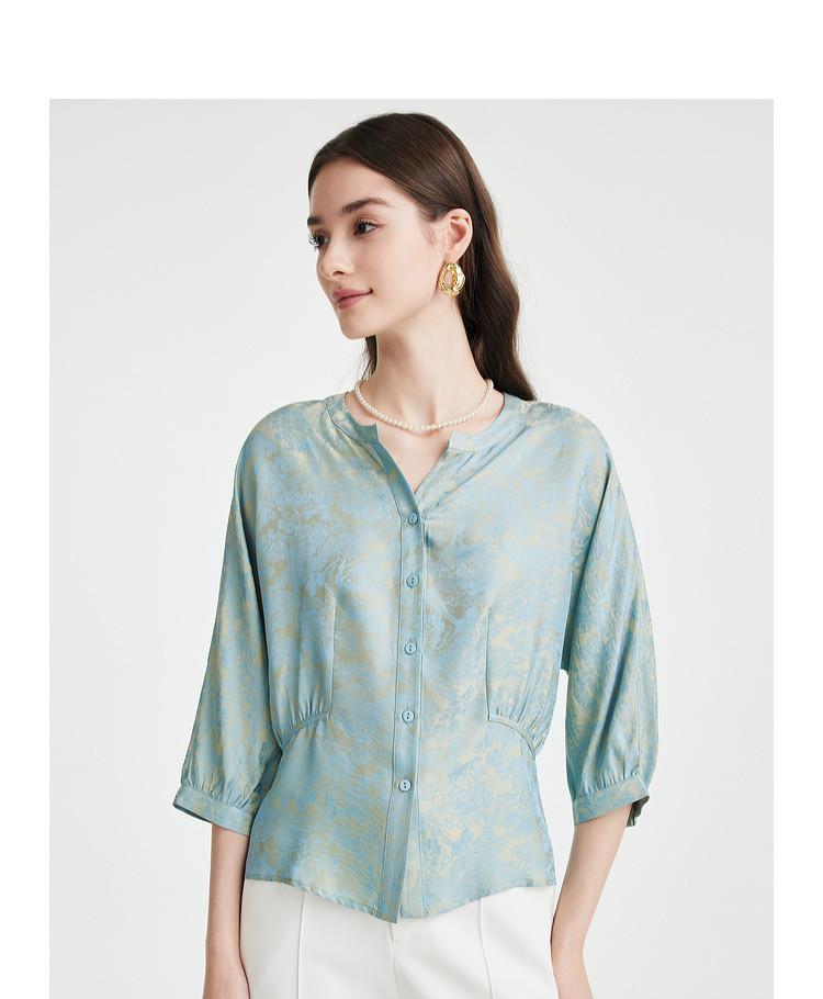 23 MM Jacquard] Spring and Summer V-neck Western Style Gentle Temperament Comfortable Skin friendly Mulberry Silk T-shirt for Women