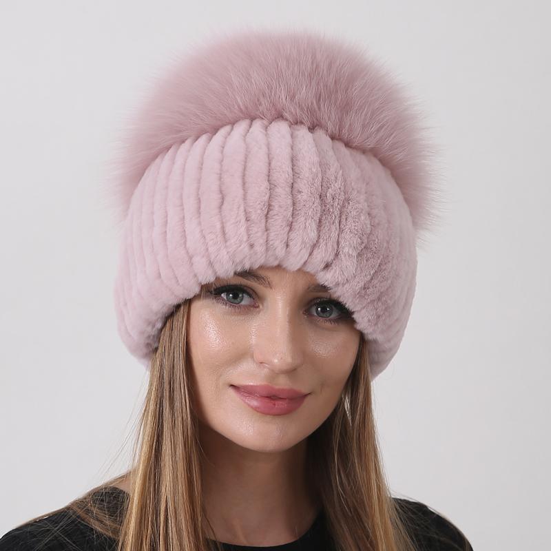 New Women Winter Luxury Real Rex Rabbit Fur Hat Knitted Rex Rabbit Fur Hat Top Natural Fox Fur Cap Genuine Fox Fur Beanies Hat