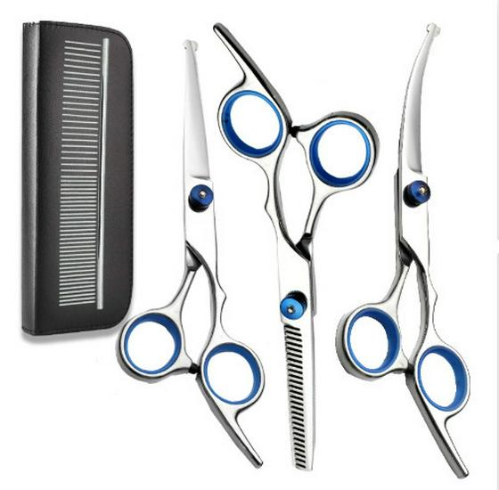 All-Steel Pet Grooming Scissors Set: Flat-Tooth & Curved Trimmers for Dog Hair Care.