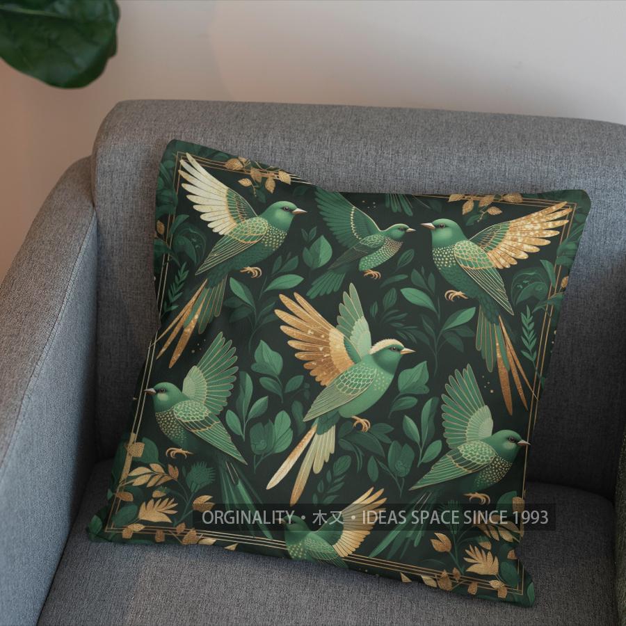 2D Exquisite Green Birds Pattern Throw Pillow Pattern Cushion Cover Suitable For Sofa Bedroom Car Pillow Cover