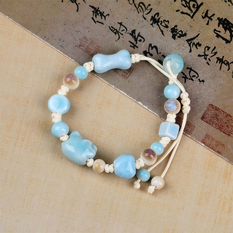 Handmade Tribal Pattern Ceramic Bead Bracelet Elastic String Adjustable Wristband Travel Ethnic Wrist Accessory