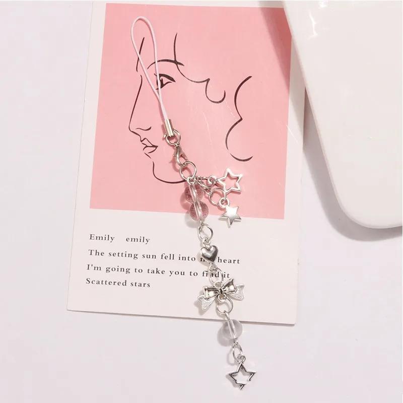 Phone Charm Pink Silve Bow Heart Star Keychain Pendant Key Chain Bag Phone Chain Cute Accessory for Girls Women Jewelry