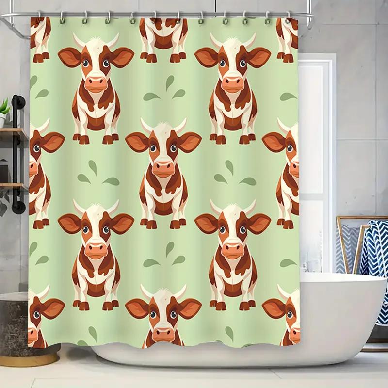 Cute Cow Shower Curtain Home Decor Bathroom Accessories Green Fabric Print Design Waterproof Washable For Kids Bathtub