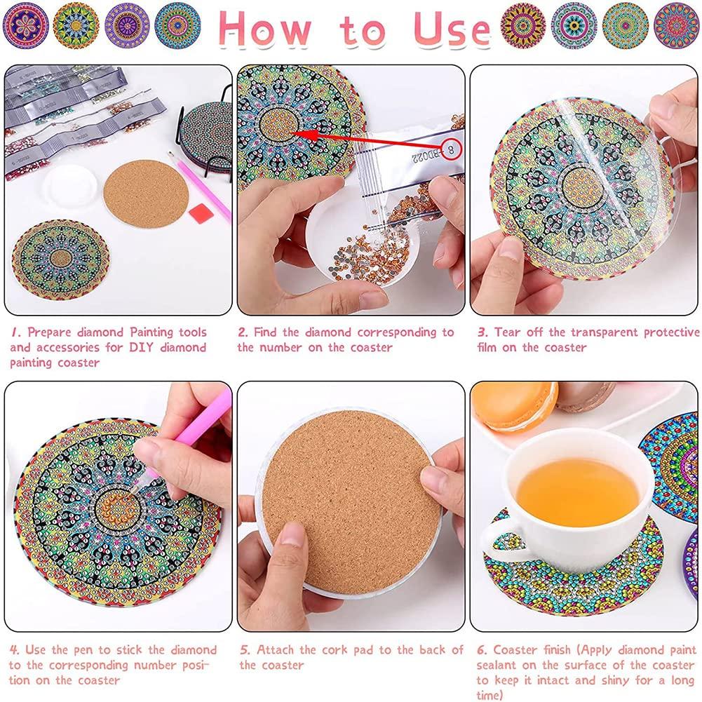 Limspace 8-Piece Diamond Painting Coaster Kit with Diamond Art Holder, DIY Mandala Diamond Painting Coaster Kit, Ocean Design, for Beginners, Adults,