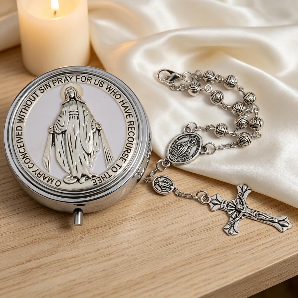 Trendy Oil Drip Lettering Virgin Mary Open Box Rose Beaded Miraculous Medal Jesus Cross Bracelet