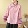 Camicetta da Donna Primavera/Autunno Ricamata a Maniche Lunghe con Collo Rialzato, Chiusura Frontale a Bottoni, Cotone-Lino: Camicia Retro Stile Cinese