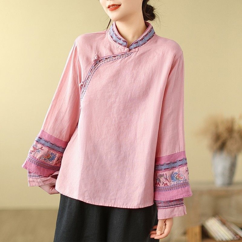 Camicetta da Donna Primavera/Autunno Ricamata a Maniche Lunghe con Collo Rialzato, Chiusura Frontale a Bottoni, Cotone-Lino: Camicia Retro Stile Cinese