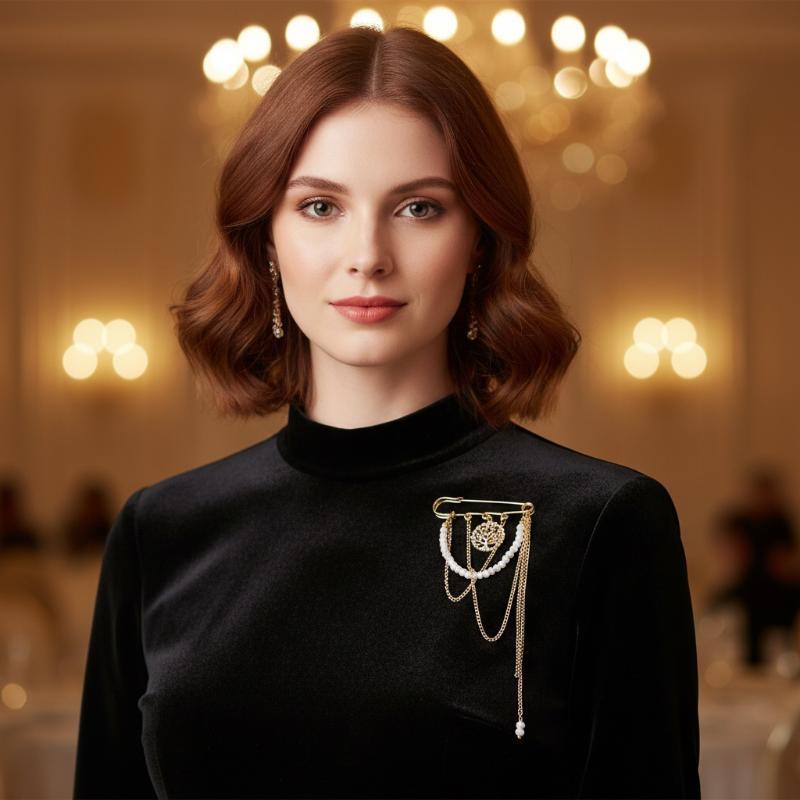 Pearl Tassel Brooch with Chain Accent Women Creative Pin for Jacket Bag Pant Waist Decoration