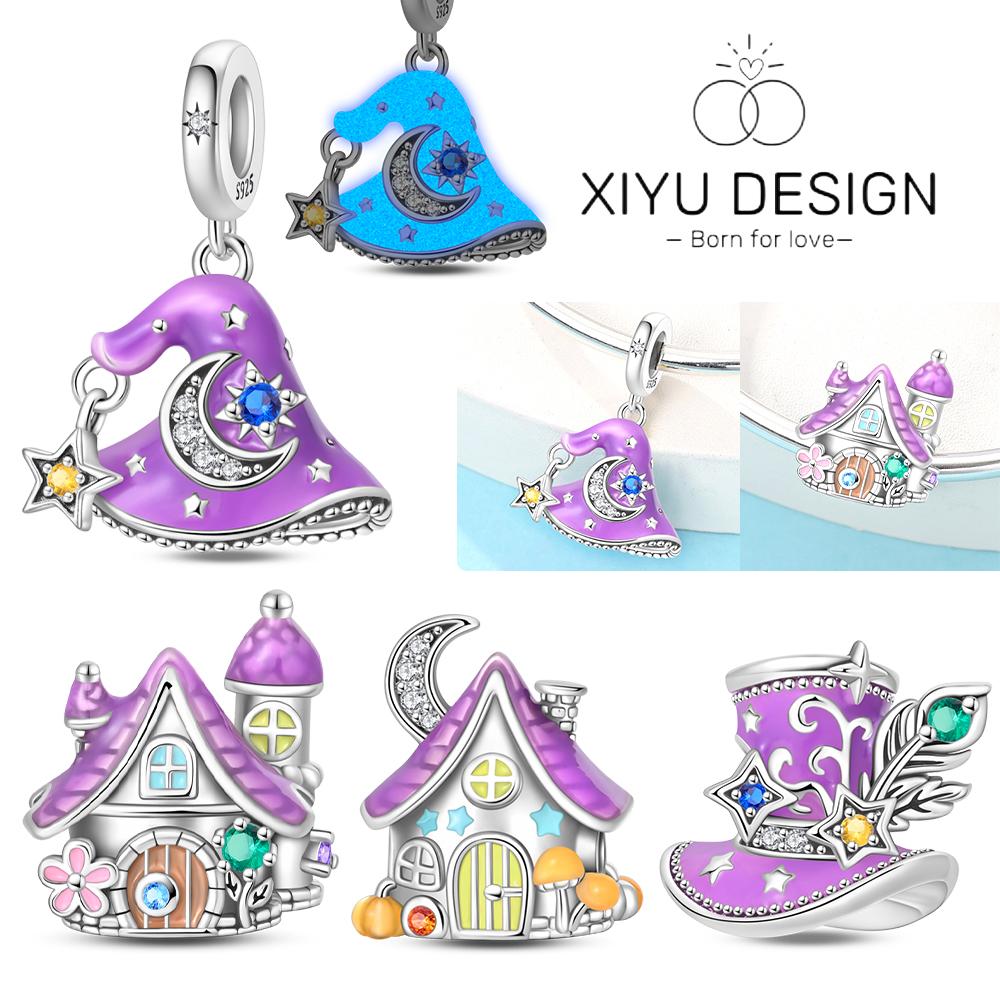Halloween Party Copper Purple Night Light Castle Magic Hat Pendant Beads Fit Charms Bracelet For Jewelry Making Women Gifts