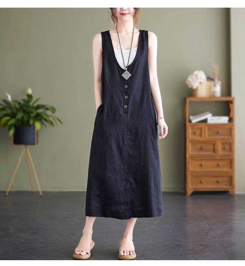 

Cotton Linen Sleeveless Tank Dress for Women Summer Art Large Size Casual Loose Slim Medium Length Solid Color Vest Dress S чорний