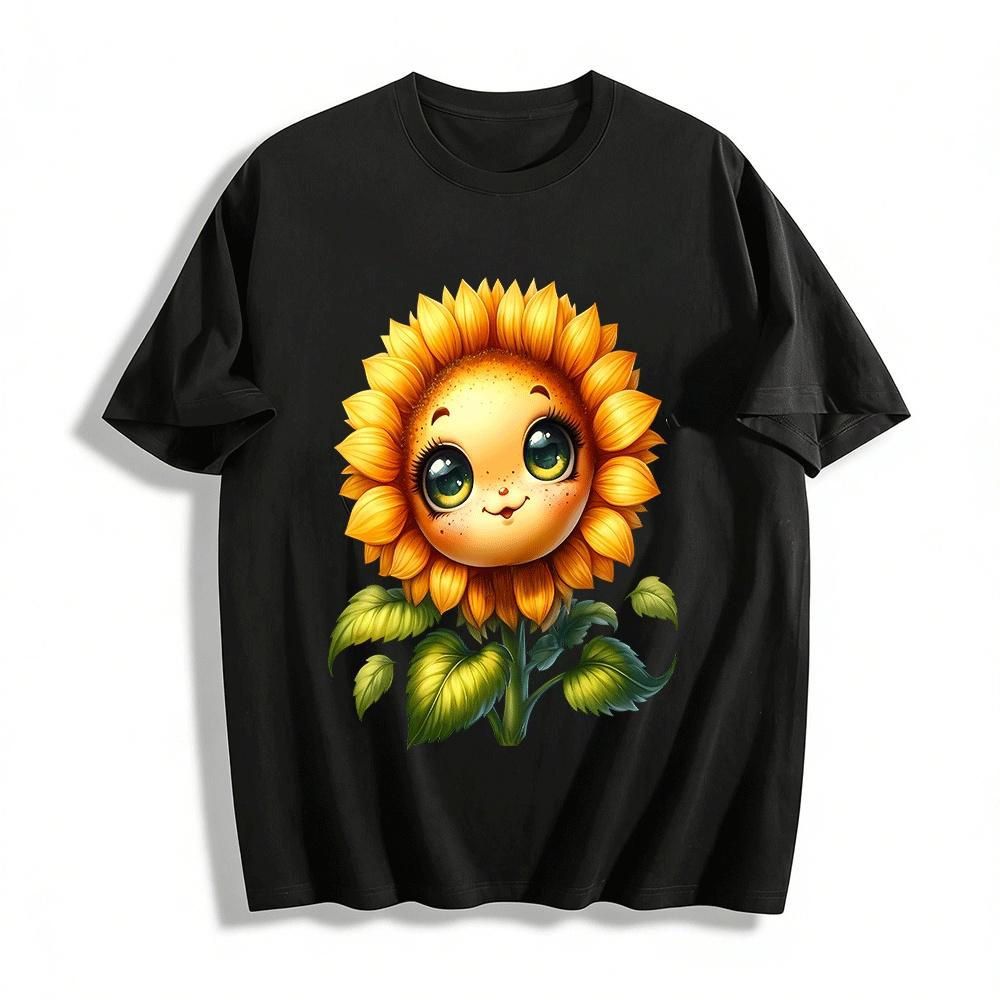 Cute Anthropomorphic Sunflower Print Casual Unisex Top Pure cotton T-shirt XXS