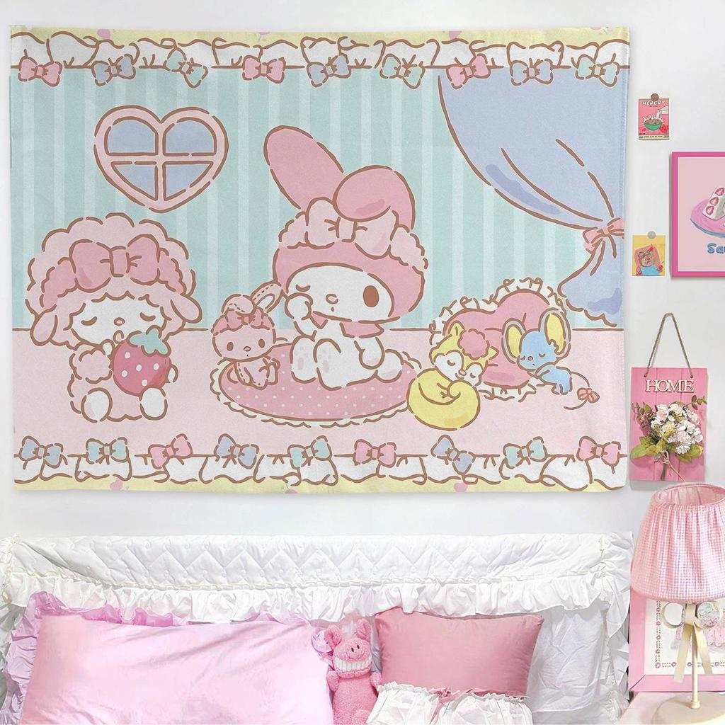 My Melody Sweet Bedroom Tapestry Cute Pastel Cartoon Wall Hanging Soft Polyester Print for Girls Bedroom Dorm Decor Kawaii