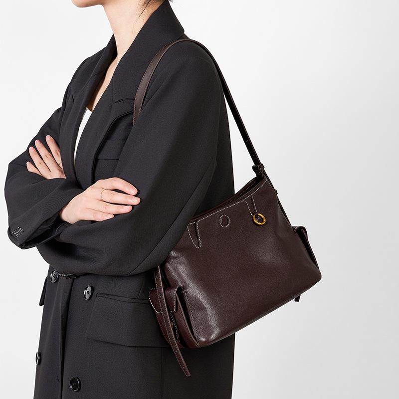 First Layer Vegetable Tanned Cowhide Tote Bag, High-End Women'S Commuting Shoulder Underarm Bag, Niche Design