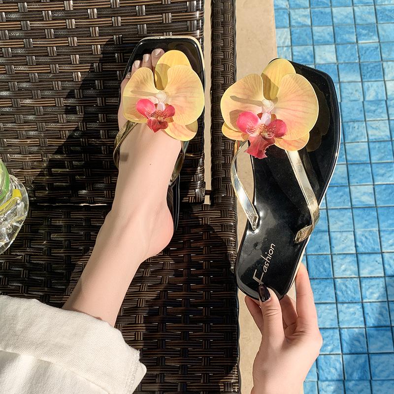 Luxury New Flip Flops Women's Slippers Summer Square Toe Flat Sandals Outdoor Casual Slippers Women Flowers Shoes Ladies