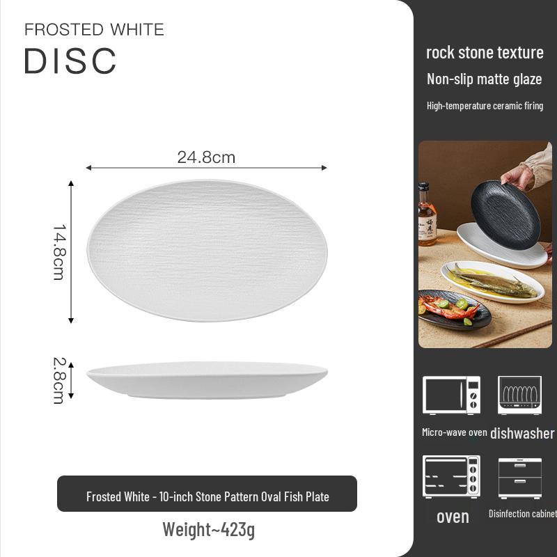 Oval Ceramic Fish Plate with Rock Texture - Stylish New Design for Dining and Serving Steamed Fish or Vegetables.