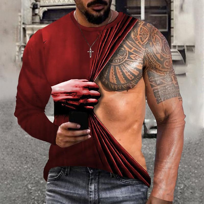 Spring and Autumn Round Neck Bodybuilding Muscle Simulation 3D Printed Top Fashionable Casual Long Sleeved Men's T-shirts
