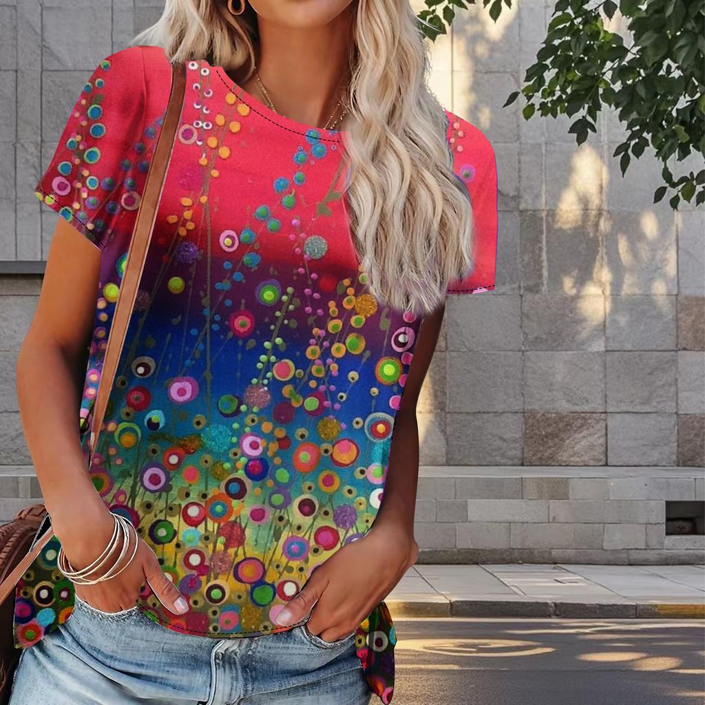 Damski Letni T-shirt z Nadrukiem Bąbelków Retro Moda Krótki Rękaw T-shirty Casualowe Drukowane Top