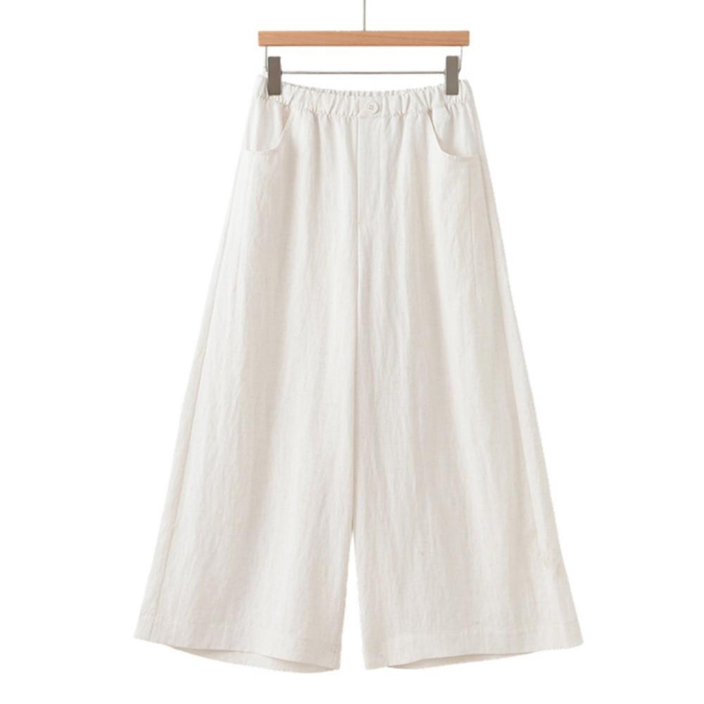 Johnature Women Vintage Wide Leg Pants Summer Chinese Style Elastic Waist Solid Color Trousers Loose Casual Pants