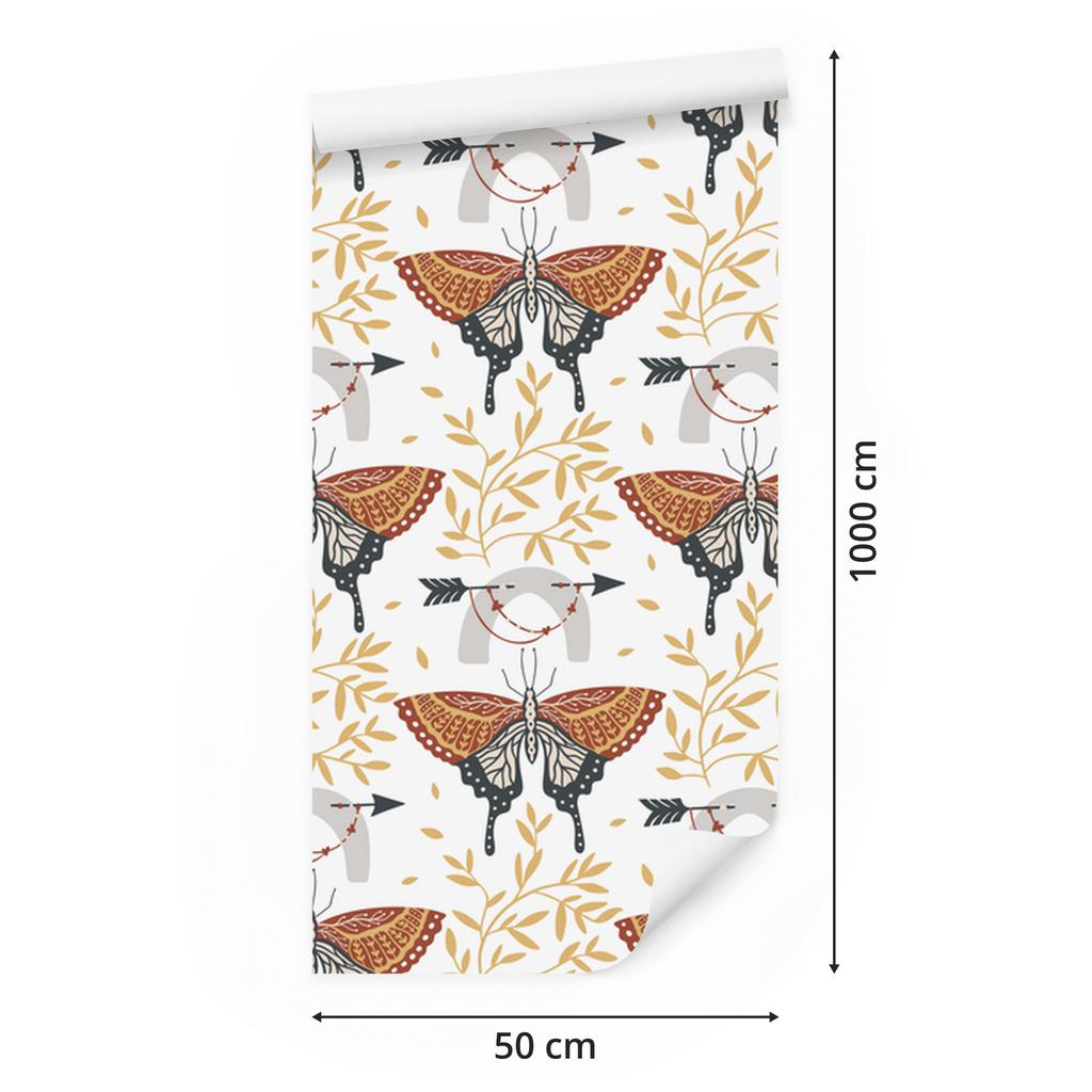 Rainbows and Butterflies Boho Wallpaper White, Cream and Orange 50x1000