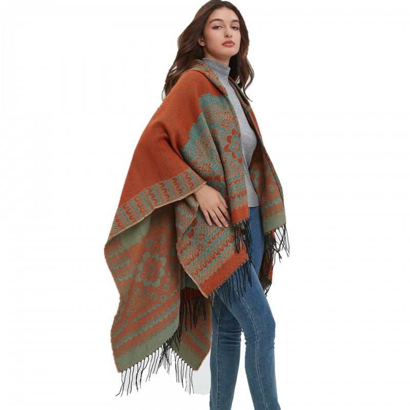Womens Floral Jacquard Hooded Cape With Fringe Trim Warm Knit Shawl