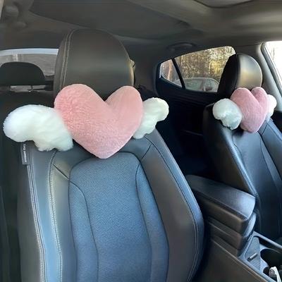 2pcs Plush Heart Car Pillow with Angel Wings - Neck Support for Seat - Fashionable Fabric Interior Accessories for Women's Car
