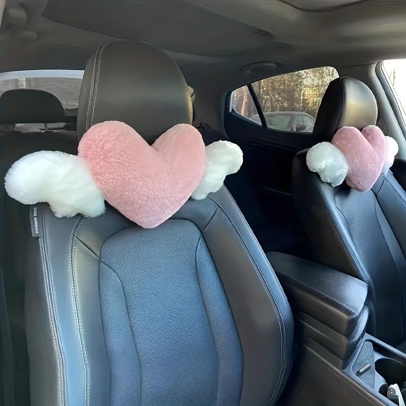 2pcs Plush Heart Car Pillow with Angel Wings - Neck Support for Seat - Fashionable Fabric Interior Accessories for Women's Car