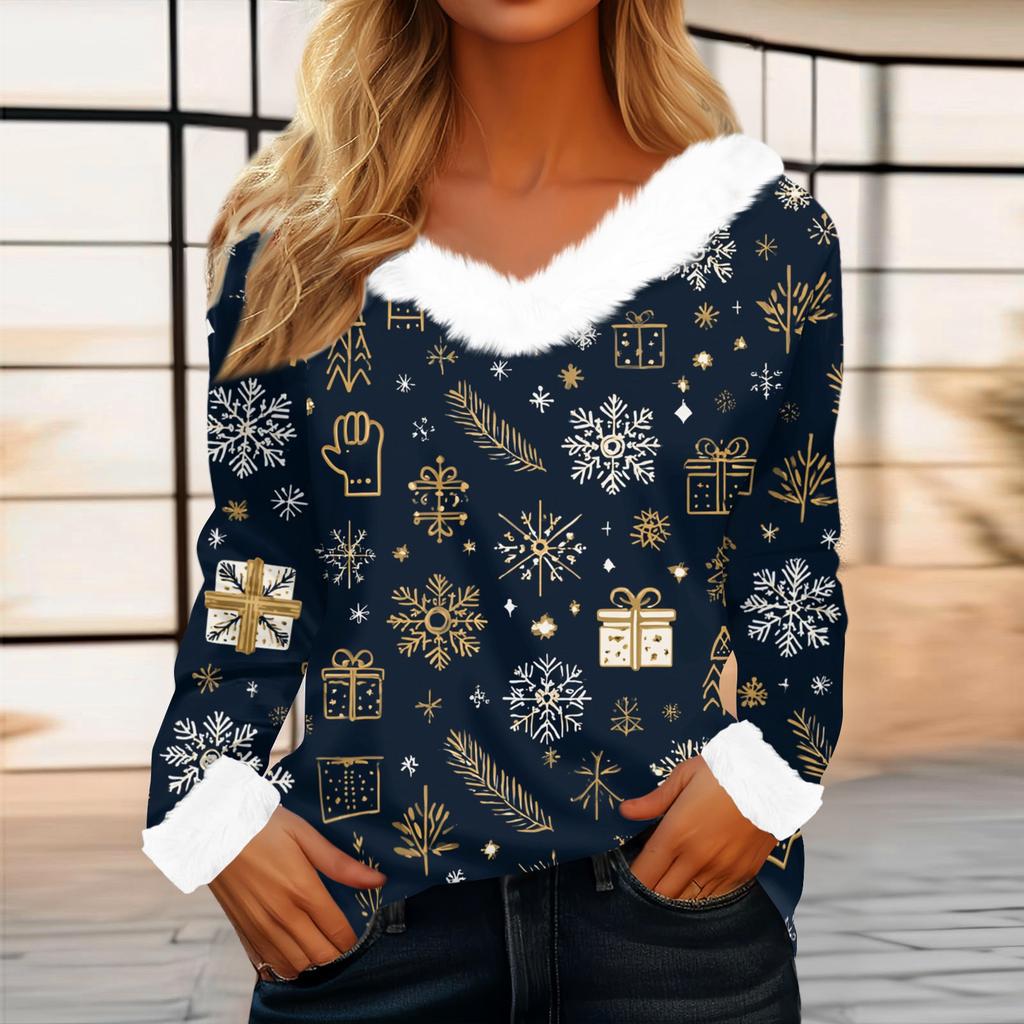Women's Casual Fashion Long Sleeve Christmas Printed Flannel Collar Top