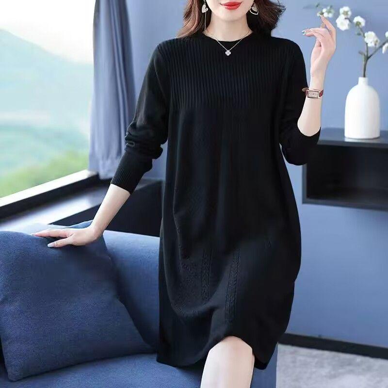 

Korean Style Medium-Long Knit Dress for Spring/Autumn - Concealing Mother s Base Layer Wool Dress L (100-115 jin) чёрный