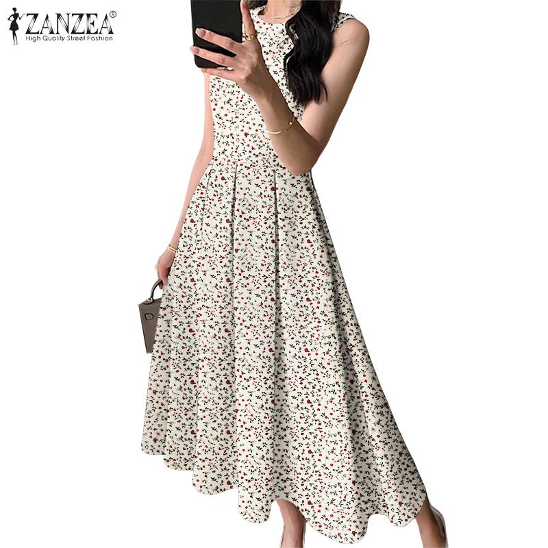 ZANZEA Women Casual Round Neck Summer Sleeveless Floral Print Dress