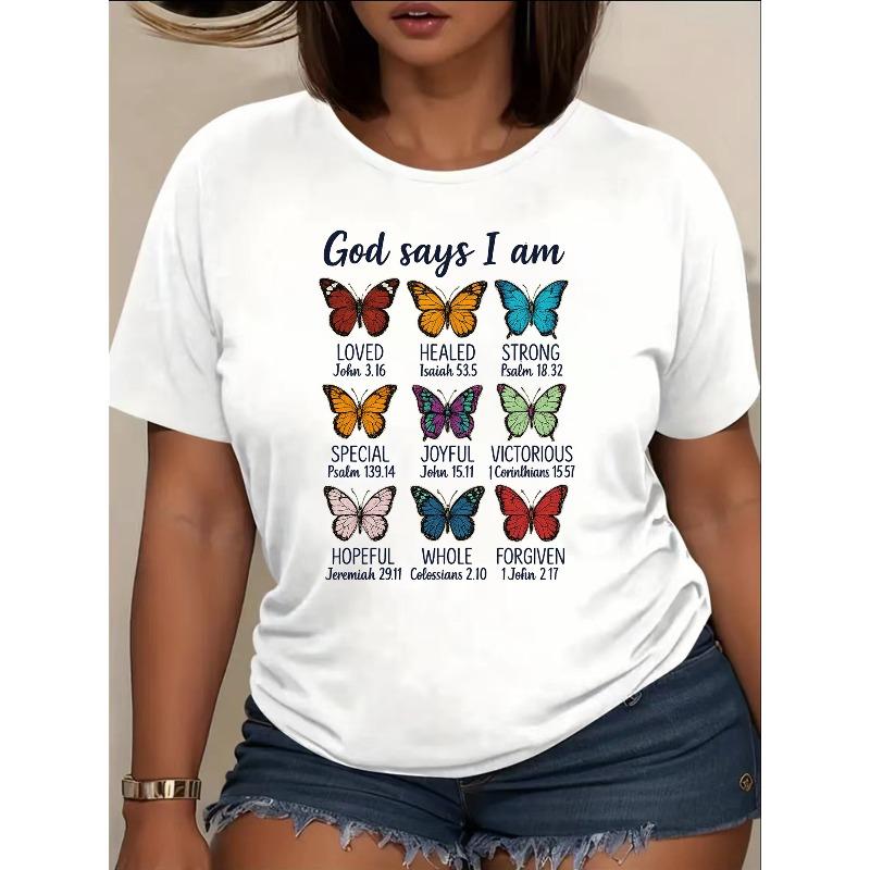 Camiseta de Mujer con Estampado de Mariposas Coloridas Cuello Redondo Manga Corta Casual Longitud Regular Moda Primavera Verano Top