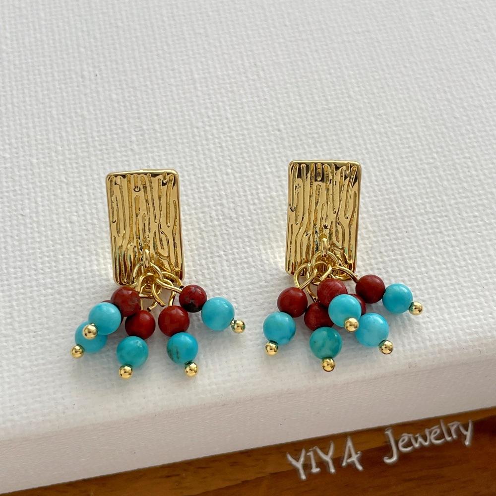 

Women Ethnic Tribal Earrings Candy Color Natural Tiger Eye Stone Beaded Pleated Texture Metal Rectangle Dangle Fashion Jewelry синій