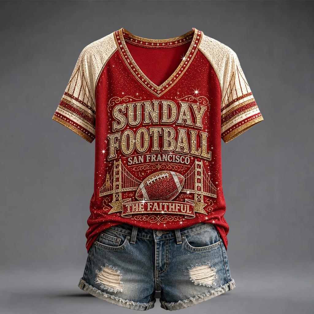 Damen Freizeit V-Ausschnitt Kurzarm T-Shirt mit Raglanärmeln und Rugby-Print