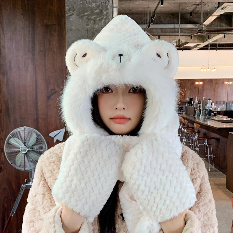 Plush hat, scarf, gloves, integrated hat, female cute fashion ear protection pullover hat, winter warm and cold three-piece set