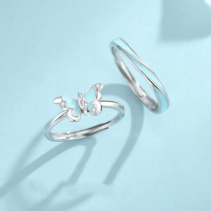 Snové modré motýlí svítící smaltované snubní prsteny pro pár - Dámské luxusní otevřené ladící dárkové prsteny