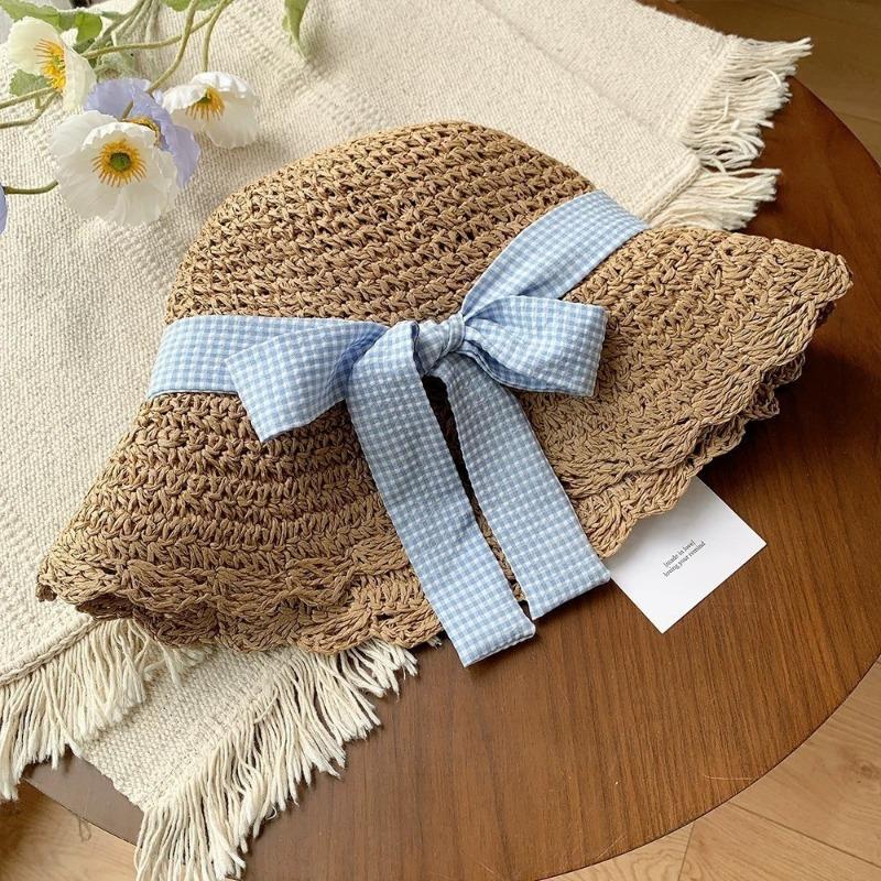 Hyunya Wind Colored Wood Beads Straw Hat Women's Summer Hollow Big Brim Sunshade Sunscreen Hat Foldable Fisherman Hat Tide