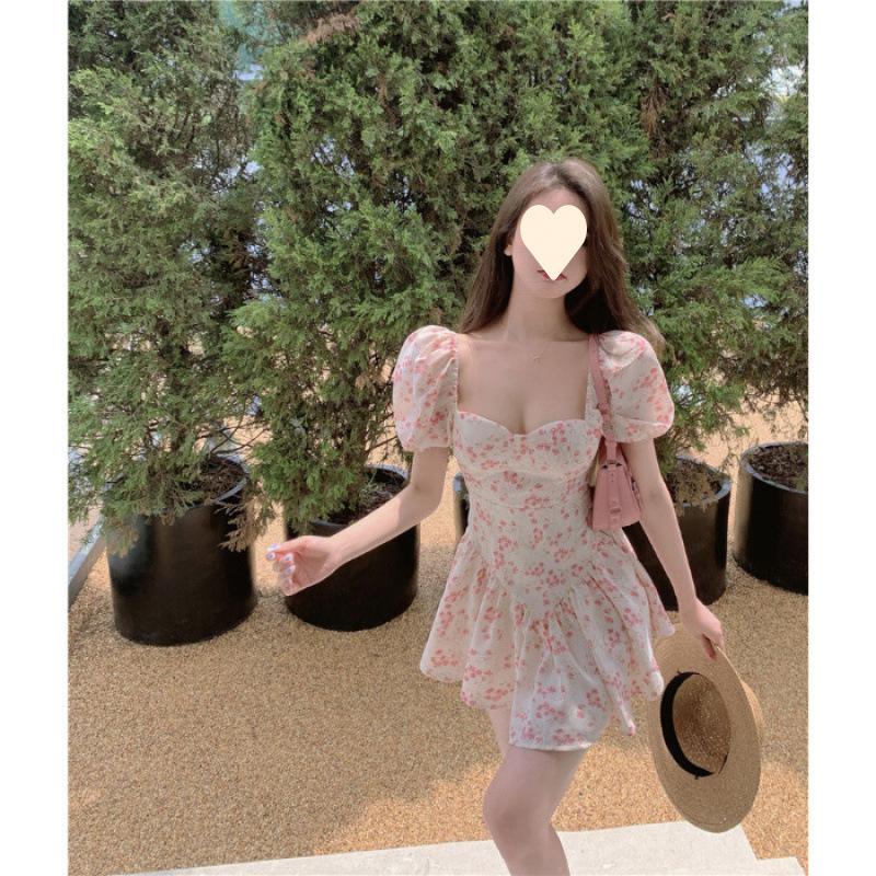 Floral dress women s bubble sleeves small fresh square neck short-sleeved skirt summer new temperament short skirt S