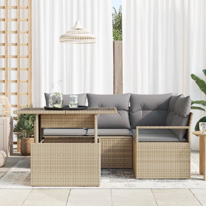 Ensemble de Canapés de Jardin de 5 Pièces avec Coussins Rattan Poly Beige, Canapé de Jardin 2 Places avec Coussins Rattan 3348816