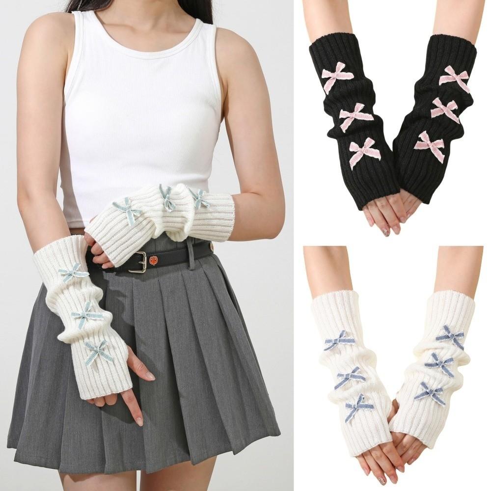 Y2K Bow Fingerless Gloves Thicken Hands Free Gloves Fashion Long Knit Arm Warmers Autumn