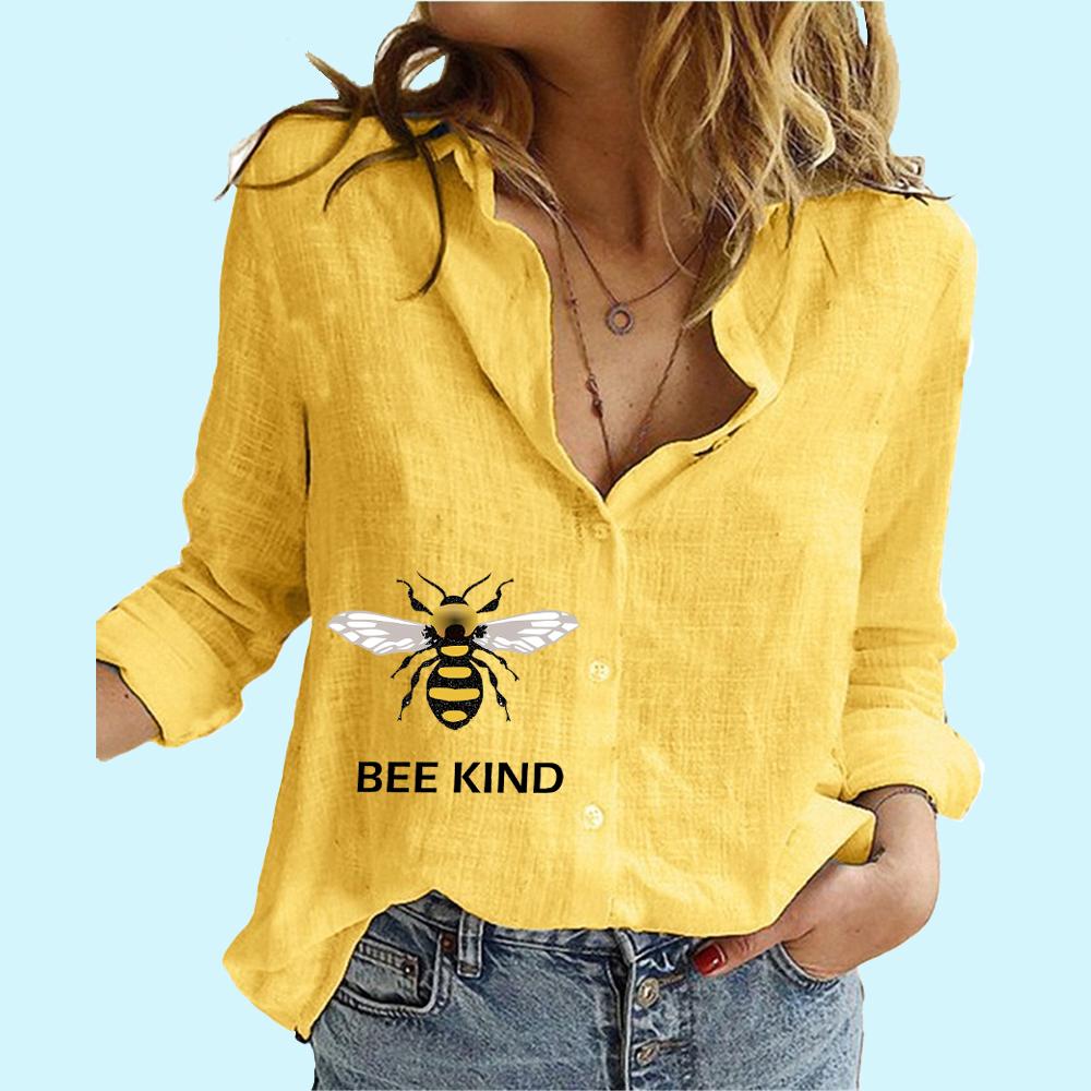 Women Fashion Button-up Blouse Ladies Loose Cotton Linen Top Casual Print Long Sleeved Shirt