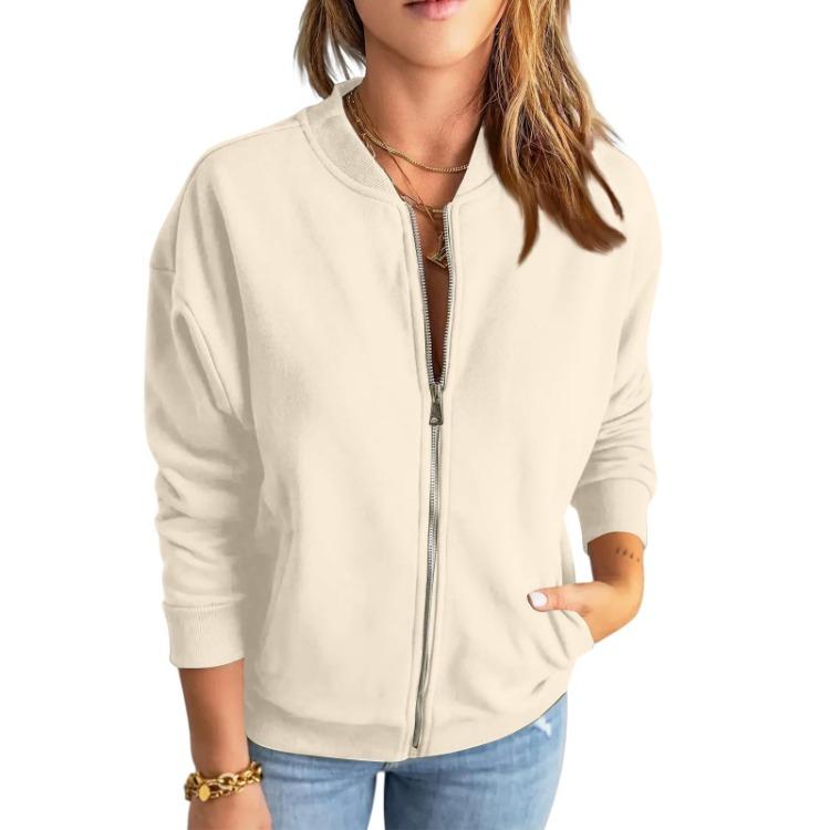 Fashionable Casual Jacket Women Solid Color Zipper Top Outerwear