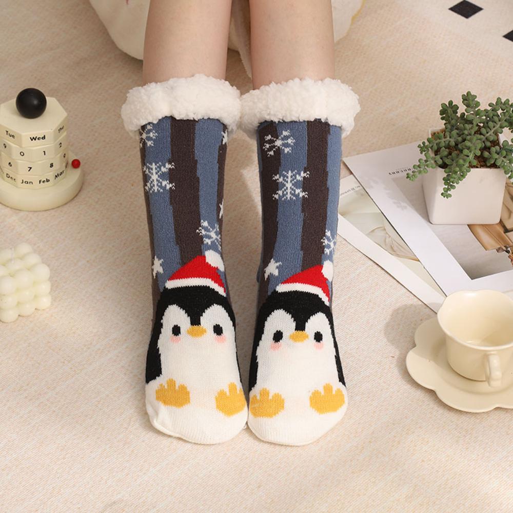Winter Christmas Themed Women Lamb Fleece Floor Socks, Adult Non-Slip Indoor Snow Socks for Home Carpet