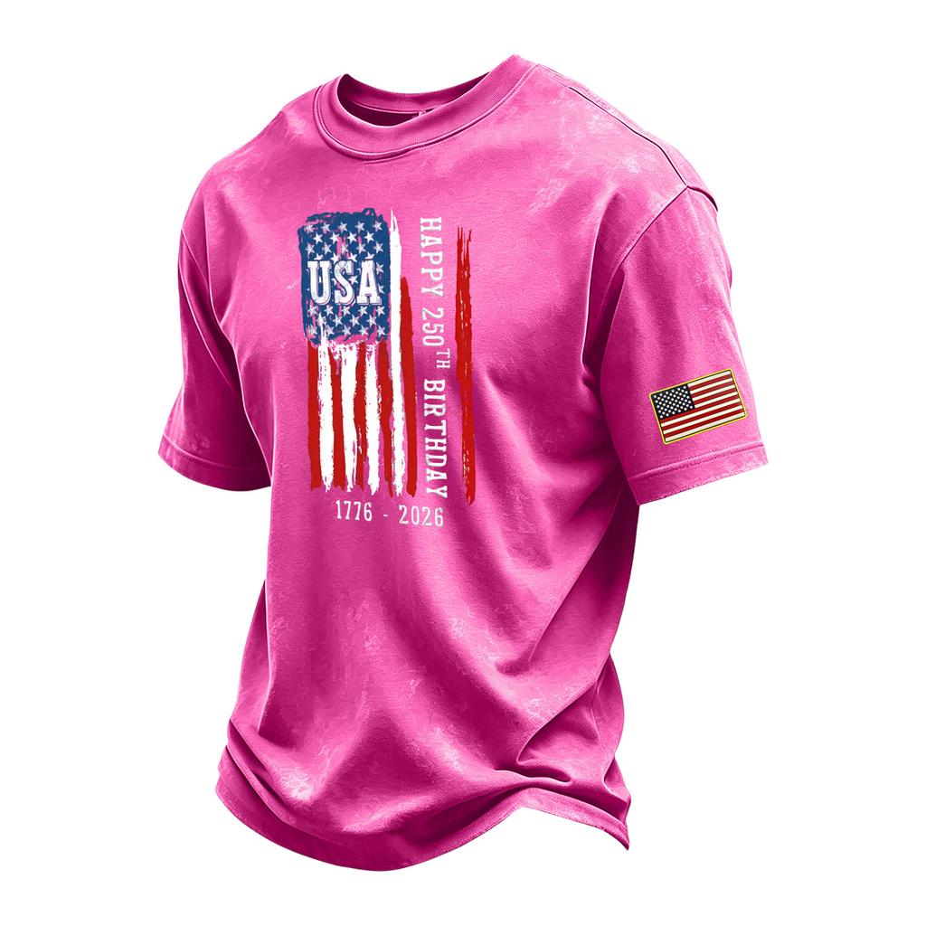 Men's Vintage Washed Crew Neck Short Sleeve T-Shirt with USA Flag Graphic and 250th Birthday Print Casual Cotton Tee