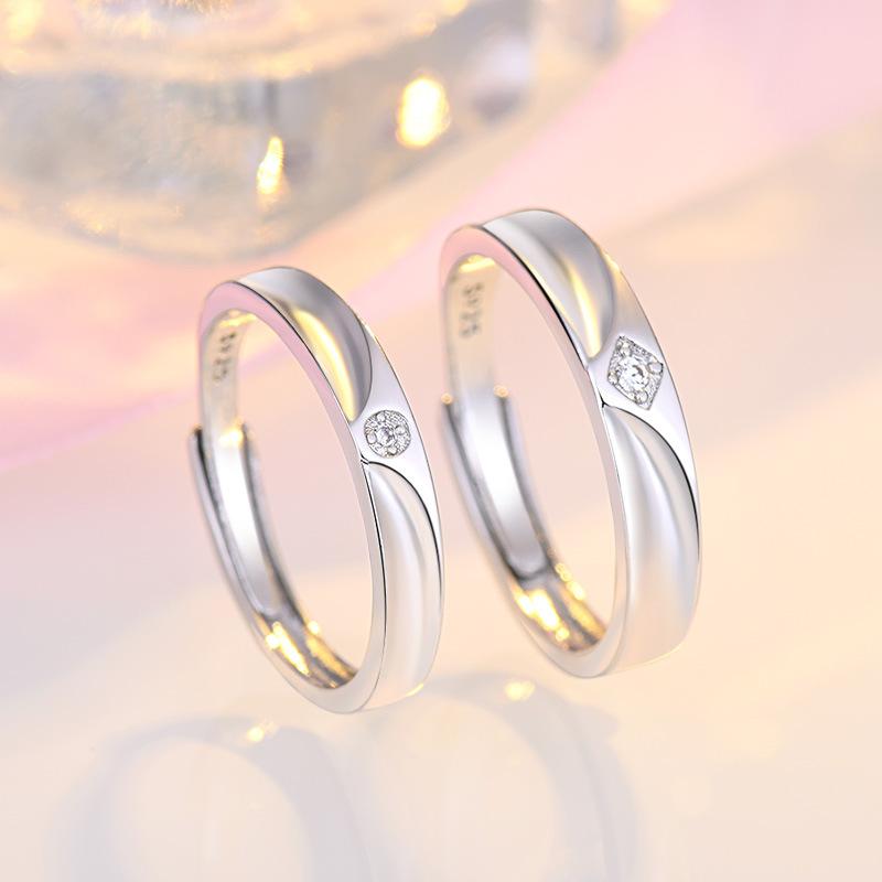 2PCS 925 Sterling Silver Ring Adjustable Open Couple Engagement Rings for Women Men Wedding Ring Party Fashion Jewelry Gift
