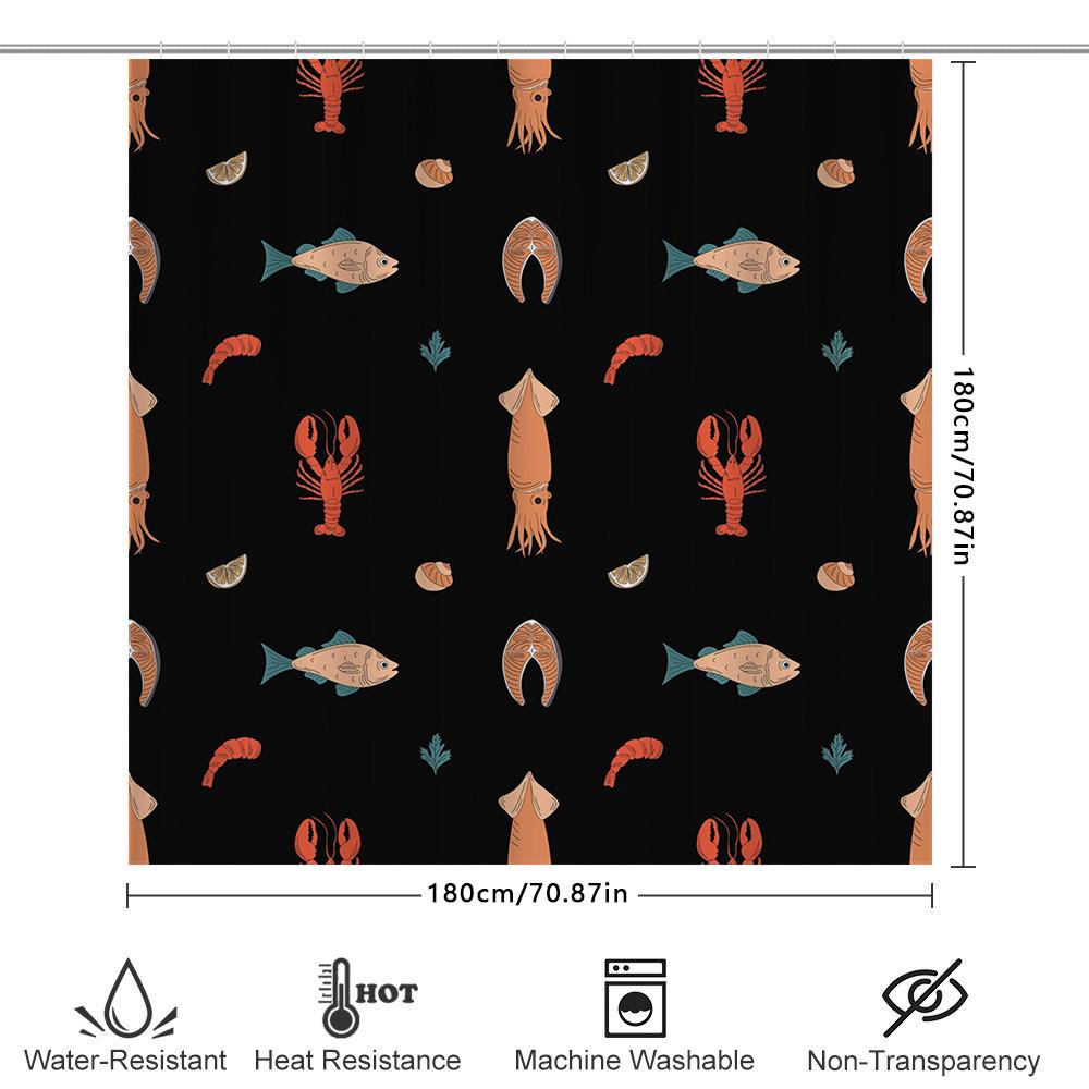 Aquatic Life Animal Print Shower Curtain Fish Lobster Design In Pastel Colors Black Fabric Waterproof Bath Decor For Home Decora
